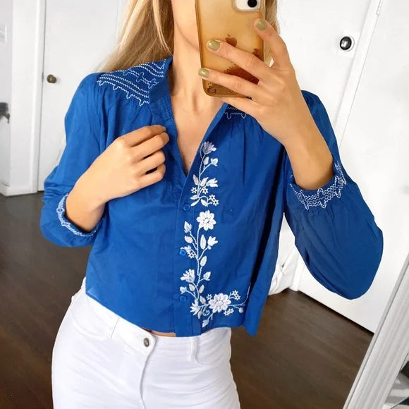 💙 ZARA BOHO BLUE WHITE FLORAL EMBROIDERED LONG SLEEVE CROPPED BLOUSE! - Picture 5 of 14